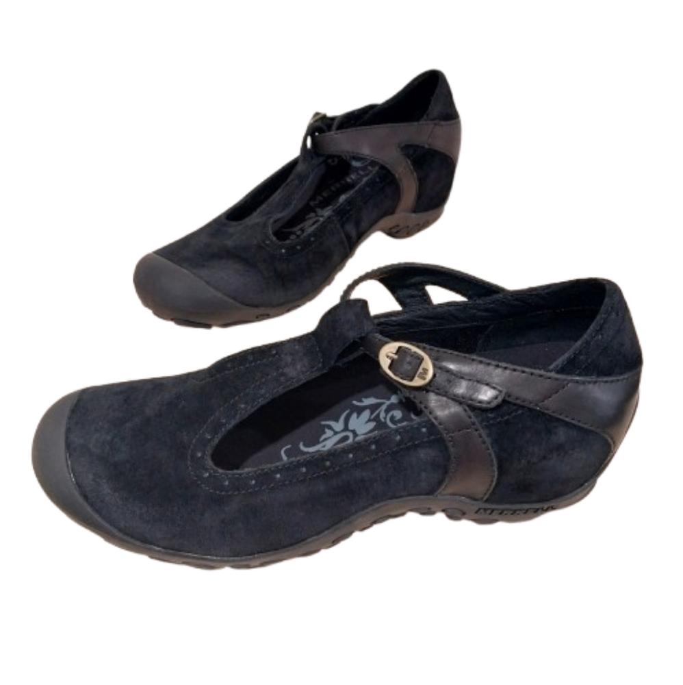 Merrell Maryjane Shoes Size 9.5 Plaza Black Suede Wedge Heel Outdoors Camping - Picture 2 of 14